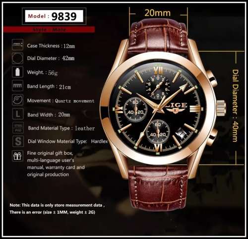 ** CLASSIC -  Relogio Masculion LIGE 9839-* Luxury Leather Band *6 Hands-* Chronograph Watch~