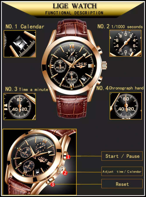 ** CLASSIC -  Relogio Masculion LIGE 9839-* Luxury Leather Band *6 Hands-* Chronograph Watch~