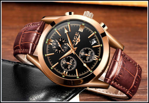** CLASSIC -  Relogio Masculion LIGE 9839-* Luxury Leather Band *6 Hands-* Chronograph Watch~