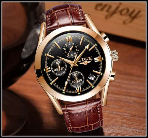 ** CLASSIC -  Relogio Masculion LIGE 9839-* Luxury Leather Band *6 Hands-* Chronograph Watch~