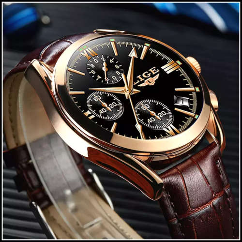 ** CLASSIC -  Relogio Masculion LIGE 9839-* Luxury Leather Band *6 Hands-* Chronograph Watch~