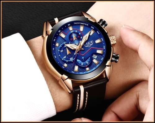 * CLASSIC -* DEEP DISH* LIGE 9869 Top Luxury *6 Hands* Chronograph Watch Men*