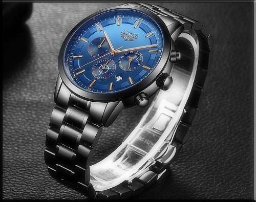 *FREE SHIPPING- *Moon Phase* LIGE 9877-* All Steel *6 Hands*Subtle Blue Dial Chronograph Watch-