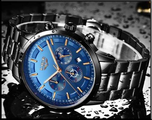 *FREE SHIPPING- *Moon Phase* LIGE 9877-* All Steel *6 Hands*Subtle Blue Dial Chronograph Watch-