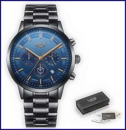 *FREE SHIPPING- *Moon Phase* LIGE 9877-* All Steel *6 Hands*Subtle Blue Dial Chronograph Watch-
