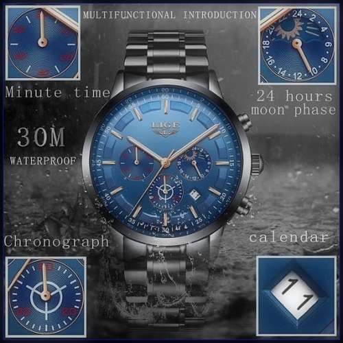 *FREE SHIPPING- *Moon Phase* LIGE 9877-* All Steel *6 Hands*Subtle Blue Dial Chronograph Watch-