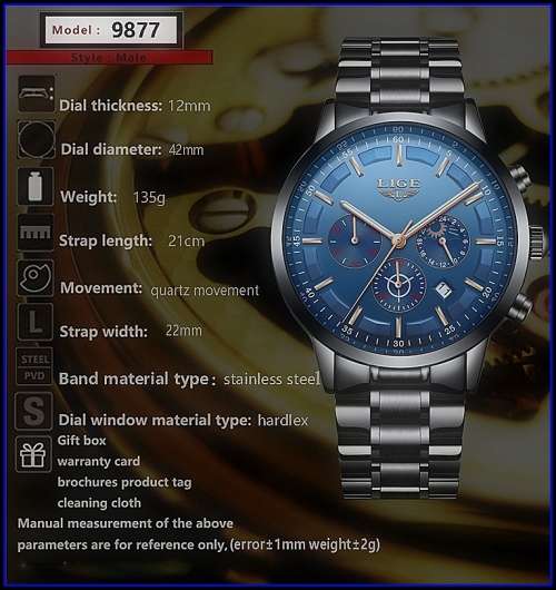 *FREE SHIPPING- *Moon Phase* LIGE 9877-* All Steel *6 Hands*Subtle Blue Dial Chronograph Watch-