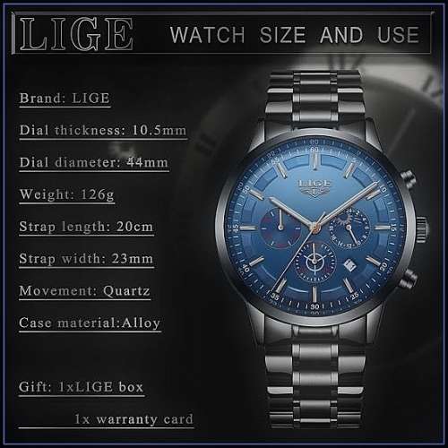 *FREE SHIPPING- *Moon Phase* LIGE 9877-* All Steel *6 Hands*Subtle Blue Dial Chronograph Watch-