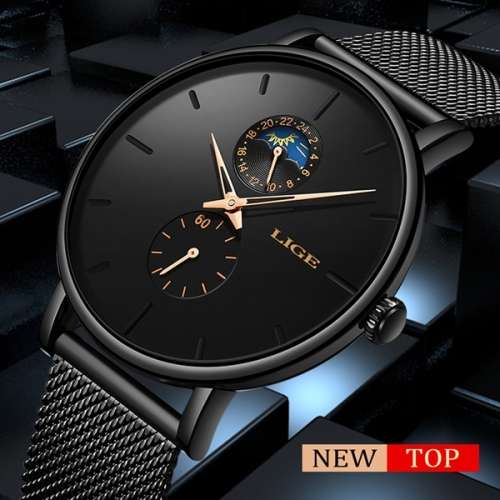 LIGE 9955 - Milan Stainless Steel Mesh Strap Multifunction( Moon Phase )