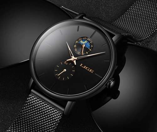 LIGE 9955 - Milan Stainless Steel Mesh Strap Multifunction( Moon Phase )