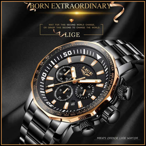 *BIG,HEAVY- ALL STEEL,* DEEP DISH* LIGE  9871 Quality*6 Hands* Chronograph Watch *FULL HOUSE!