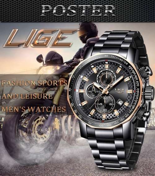 *BIG,HEAVY- ALL STEEL,* DEEP DISH* LIGE  9871 Quality*6 Hands* Chronograph Watch *FULL HOUSE!