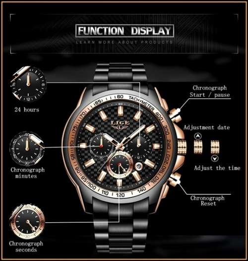 *$229.00* BIG,HEAVY- FULL STEEL  LIGE 10015  Quality*6 Hands* Chronograph Watch *FULL HOUSE!