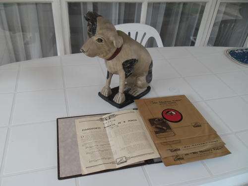 very large wooden his masters voice dog plus a album with four records