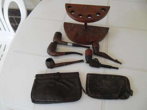 old used quality smoking 5 pipes with two bags and stand very rare