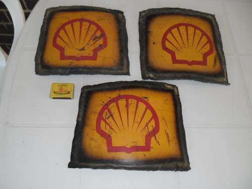3 small flame cut shell metal signs bad condition not enamel