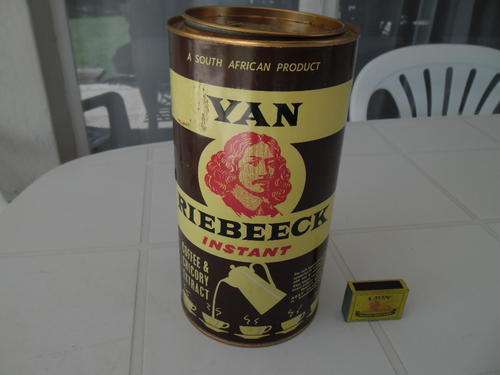 large 32 ozs. net Van Riebeeck coffee tin size is 250mm high x 135mm wide