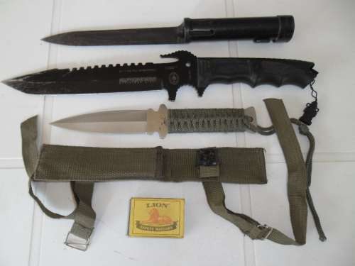 one bayonet and two large knifes