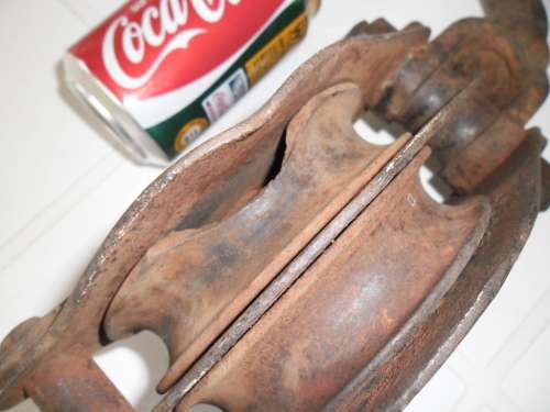 Stunning old large 2 wheel pulley see condition weighs 5kg size 360mm long postage is R80