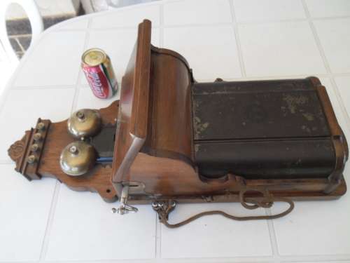 Rare old heavy very large wall wood hanging telephone handle missing don't know if it is working