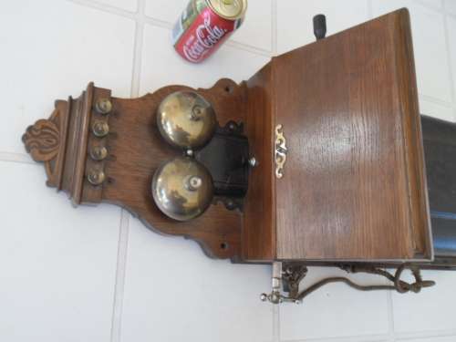 Rare old heavy very large wall wood hanging telephone handle missing don't know if it is working