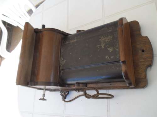 Rare old heavy very large wall wood hanging telephone handle missing don't know if it is working