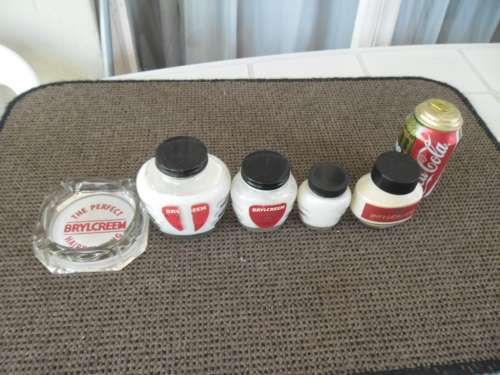 very rare old 5 Brylcreem glass bottles and glass astray