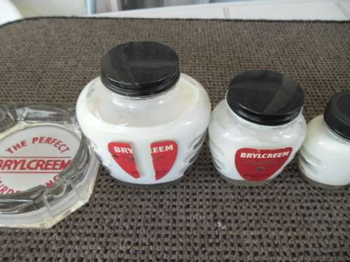 very rare old 5 Brylcreem glass bottles and glass astray