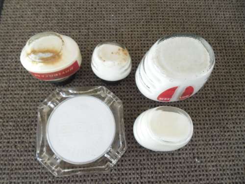 very rare old 5 Brylcreem glass bottles and glass astray