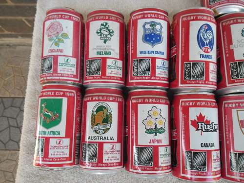 rare 24 - complete set 1995 rugby word cup Coca Cola cans was display and all has been open