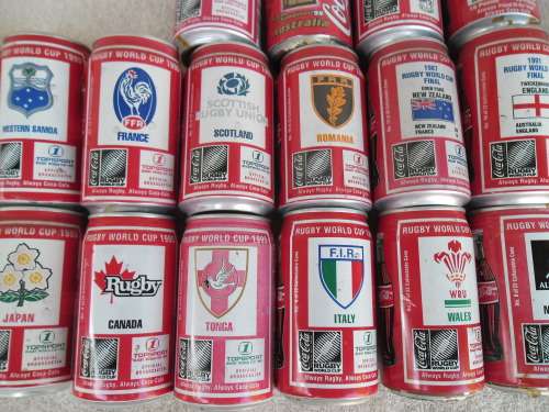 rare 24 - complete set 1995 rugby word cup Coca Cola cans was display and all has been open