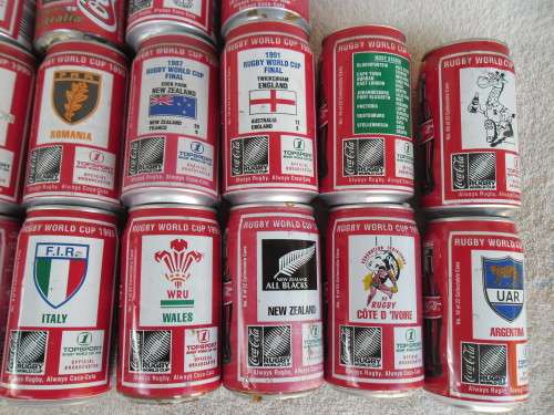 rare 24 - complete set 1995 rugby word cup Coca Cola cans was display and all has been open