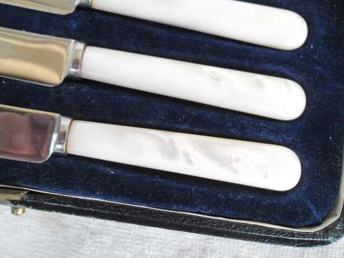 Vintage rare mother of pear handles Shefield E-Leclere non stain steel knifes with box