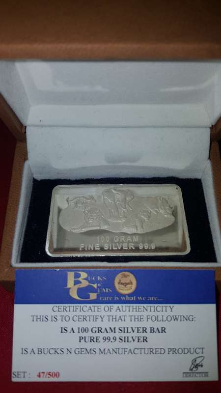 100 Grams Pure Fine Silver Bar with Big Five and COA in Box