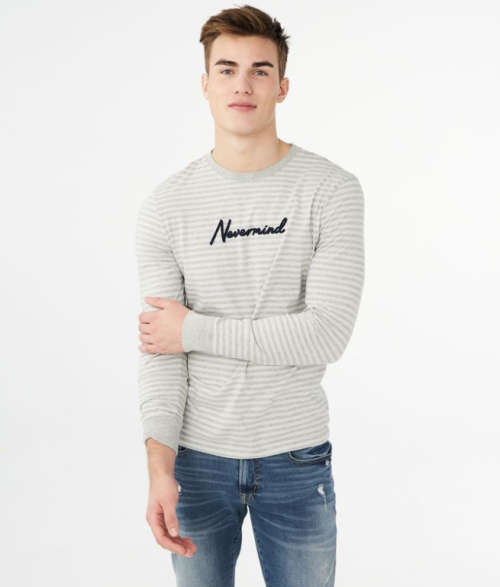 AERO LONG SLEEVE STRIPED NEVER MIND GRAPHIC TEE | AEROPOSTALE