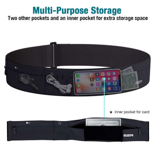 ESR ADJUSTABLE STRETCHY ZIPPERED RUNNING BELT MEDIUM BLACK