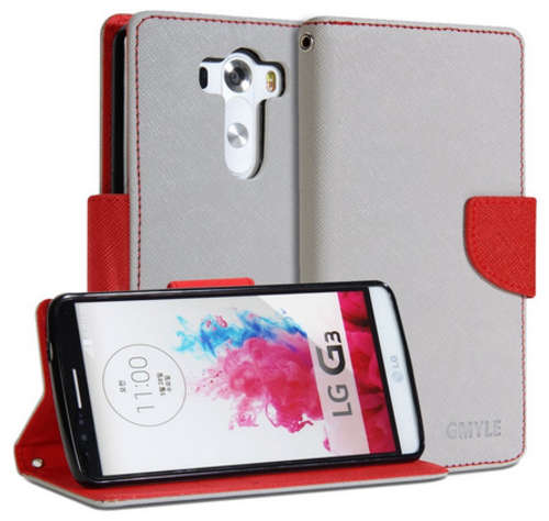 LG G3 Slim Wallet Flip/Stand Case | Silver Grey & Red | FREE POSTAGE