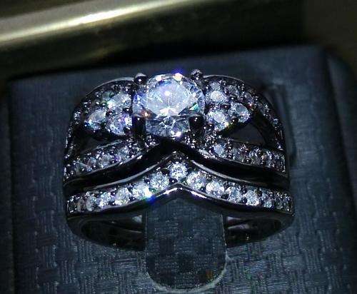 Brand Style Topaz Diamonique 10KT Black Gold Filled Wedding Ring Set Size 9/R
