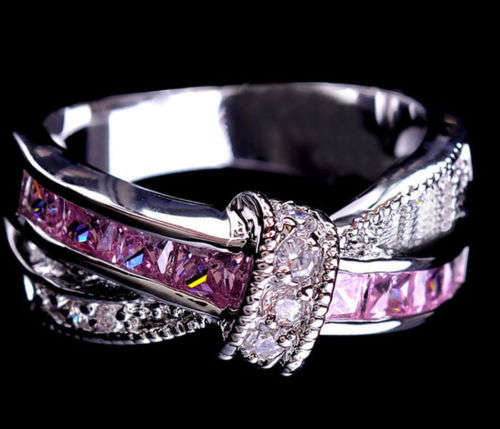 Extraordinary! *GORGEOUS 18K GoldFilled WHITE/PINK SIMULATED SAPPHIRE WEDDING CROSS RING Size 7