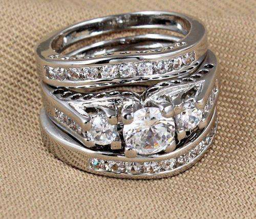 Stunning 3 PC Set Wedding Engagement Ring 925 Sterling Silver Fill Halo Bridal -Size -7