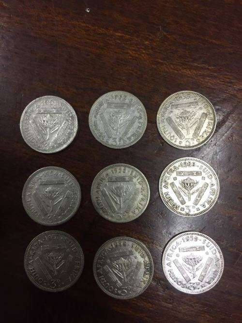 9 x Silver Threepence coins from 1951 to 1959