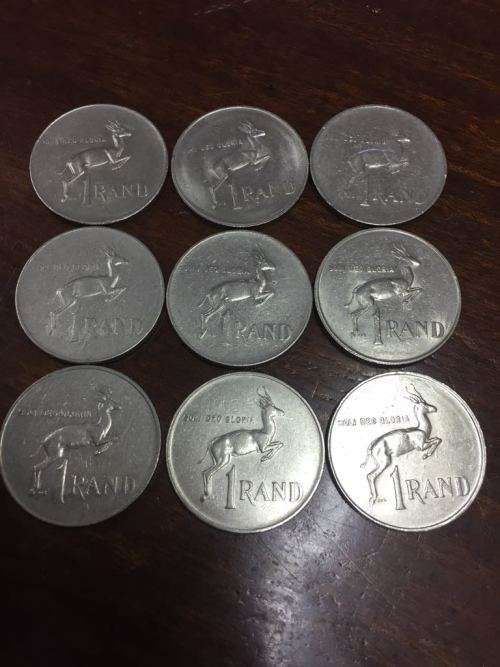 COLLECTION OF 9 x R1 NICKEL COINS (1977 TO 1980 , 1982 , 1987 TO 1990)