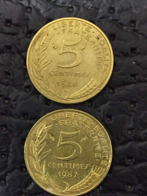 COLLECTION OF 2 x FRANCE ALUMINIUM BRONZE 5 CENTIMES (1980 & 1987)