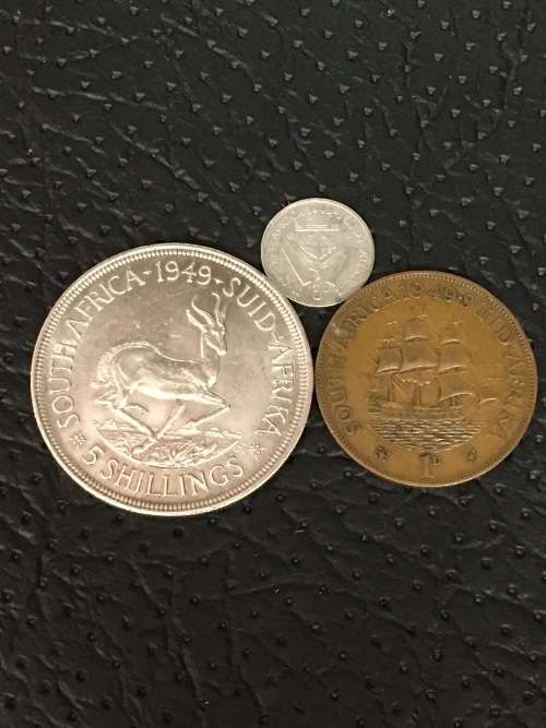 COLLECTION OF THREE 1949 UNION COINS (CROWN,3D & 1D)