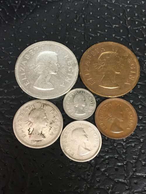 COLLECTION OF SIX 1954 UNION COINS (HALF CROWN, 1 SHILLING, 6D, 3D,1D & 1/4D)