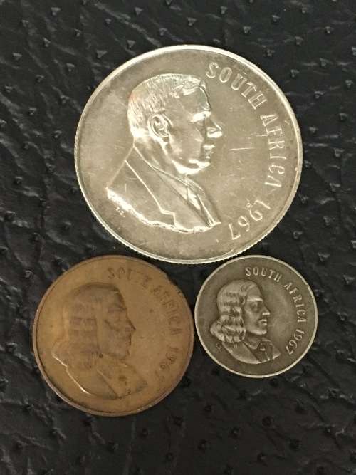COLLECTION OF THREE 1967 ENGLISH R.S.A.COINS (R1, 5 CENTS & 2 CENTS)