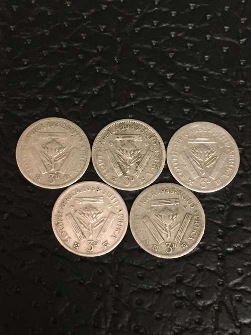 COLLECTION OF 5 UNION THREEPENCE (1932, 1933, 1937, 1938 & 1939) - 80% SILVER