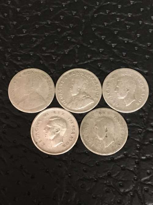 COLLECTION OF 5 UNION THREEPENCE (1932, 1933, 1937, 1938 & 1939) - 80% SILVER