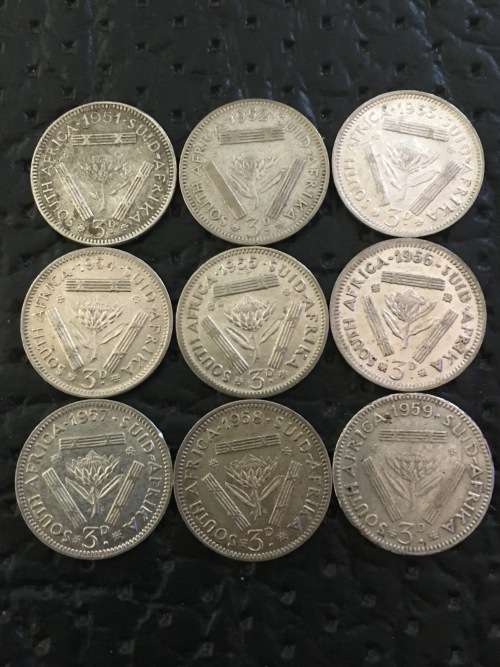 COLLECTION OF NINE THREEPENCE FROM 1951 TO 1959
