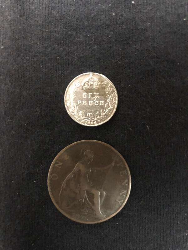 COLLECTION OF TWO ANTIQUE 1896 GREAT BRITAIN COINS - ONE PENNY (BRONZE) AND SIXPENCE (SILVER)